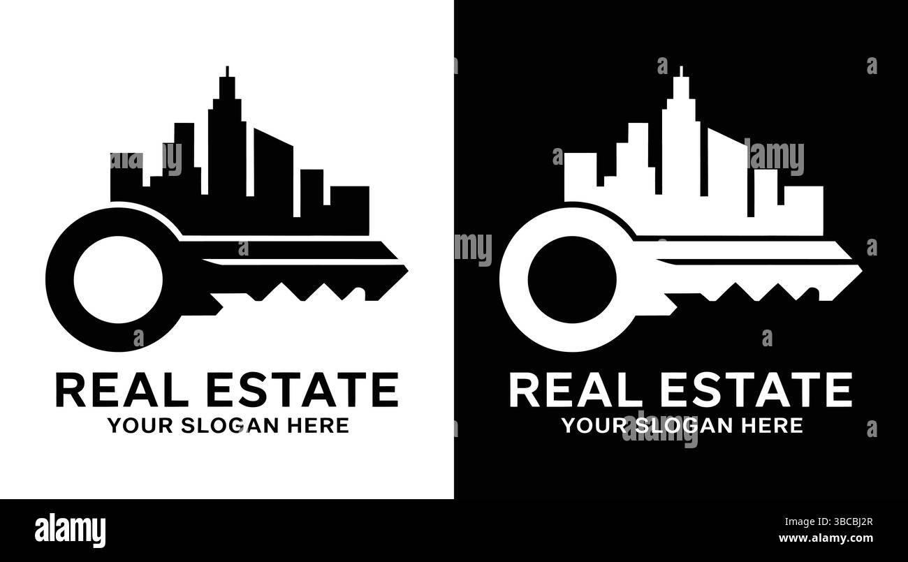 Ein auffälliges schwarzes Logo, das einen Schlüssel mit der Skyline der Stadt verbindet und für die Exzellenz von städtischen Immobilien steht, perfekt für Makler, Entwickler und Luxusimmobilien f Stock Vektor