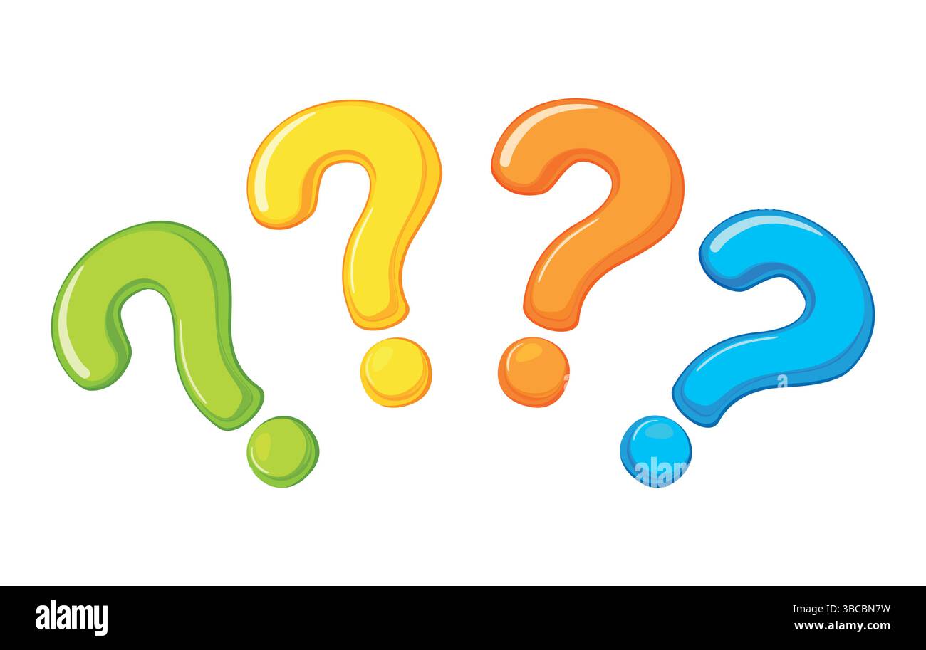 Fragezeichen-Vektor auf weißem Hintergrund. Set aus vier farbenfrohen Fragezeichen im Zeichentrickstil Stock Vektor
