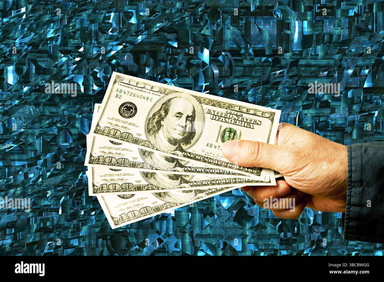 Mann mit vier 100-Dollar-Banknoten Stockfoto