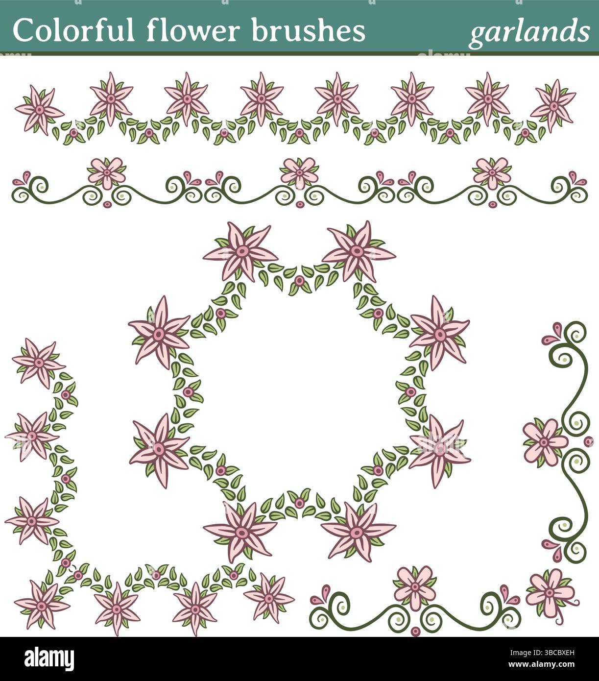 Sie können eine beliebige Linie oder einen Pfad zeichnen und einen dieser Pinsel anwenden. Sie können auch Rahmen in verschiedenen Formen (rund, quadratisch usw.) erstellen, da alle Pinsel inkl. Stock Vektor