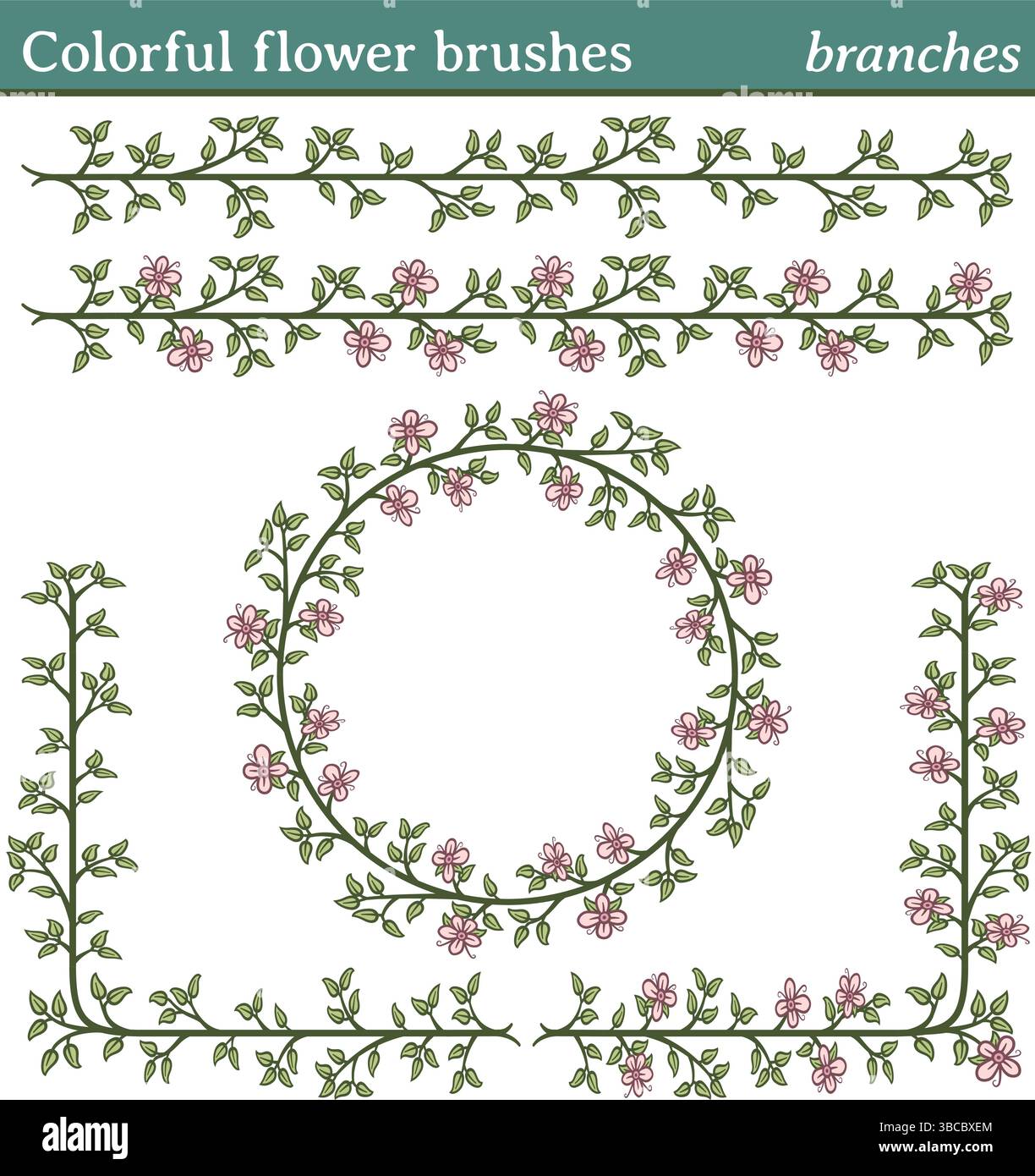 Sie können eine beliebige Linie oder einen Pfad zeichnen und einen dieser Pinsel anwenden. Sie können auch Rahmen in verschiedenen Formen (rund, quadratisch usw.) erstellen, da alle Pinsel inkl. Stock Vektor