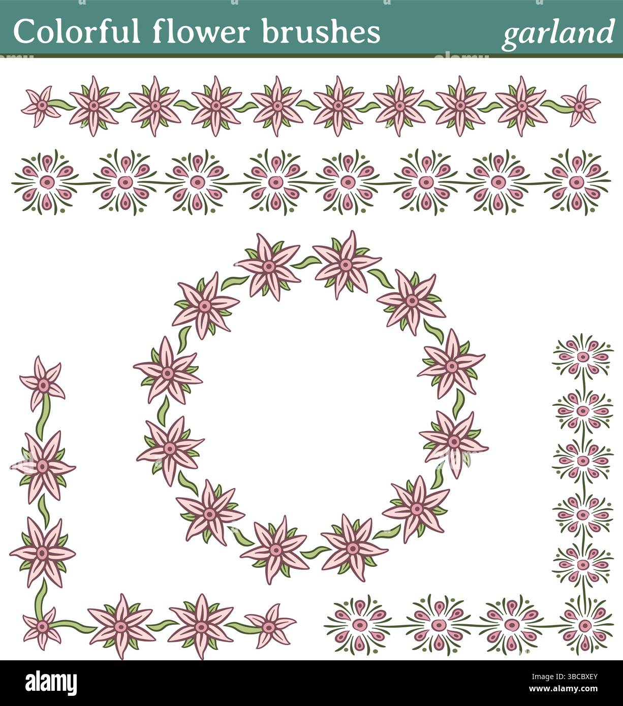 Sie können eine beliebige Linie oder einen Pfad zeichnen und einen dieser Pinsel anwenden. Sie können auch Rahmen in verschiedenen Formen (rund, quadratisch usw.) erstellen, da alle Pinsel inkl. Stock Vektor