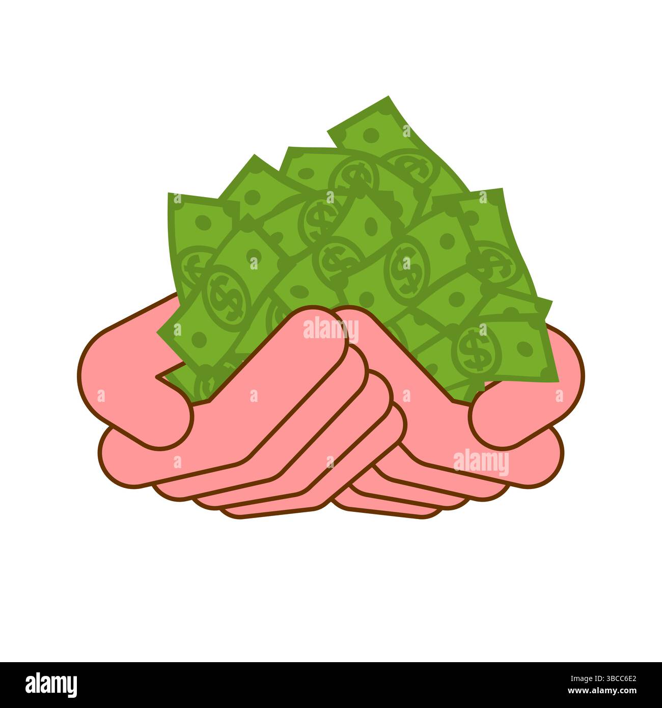 Palmen voller Geld. Viele Dollar in Händen. Konzeptbild: Wohlstand und Wohlstand Stock Vektor