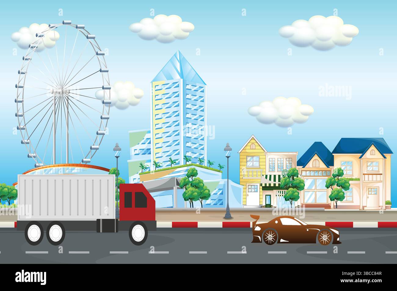 Bunte Stadtlandschaft mit Riesenrad, Wolkenkratzern, Wohnhäusern, Truck und Sportwagen auf der Straße – Urban Vector Illustration Stock Vektor