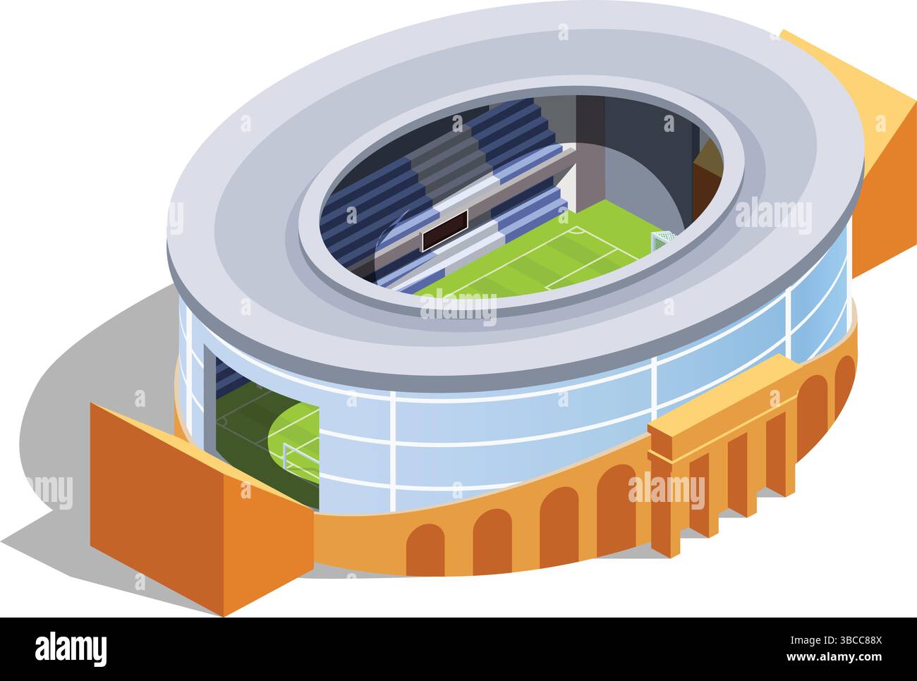 Modernes isometrisches Stadiongebäude mit offenem Dach und Sitzbereich – Vector Sports Arena Icon Illustration – Fußballstadion Stock Vektor