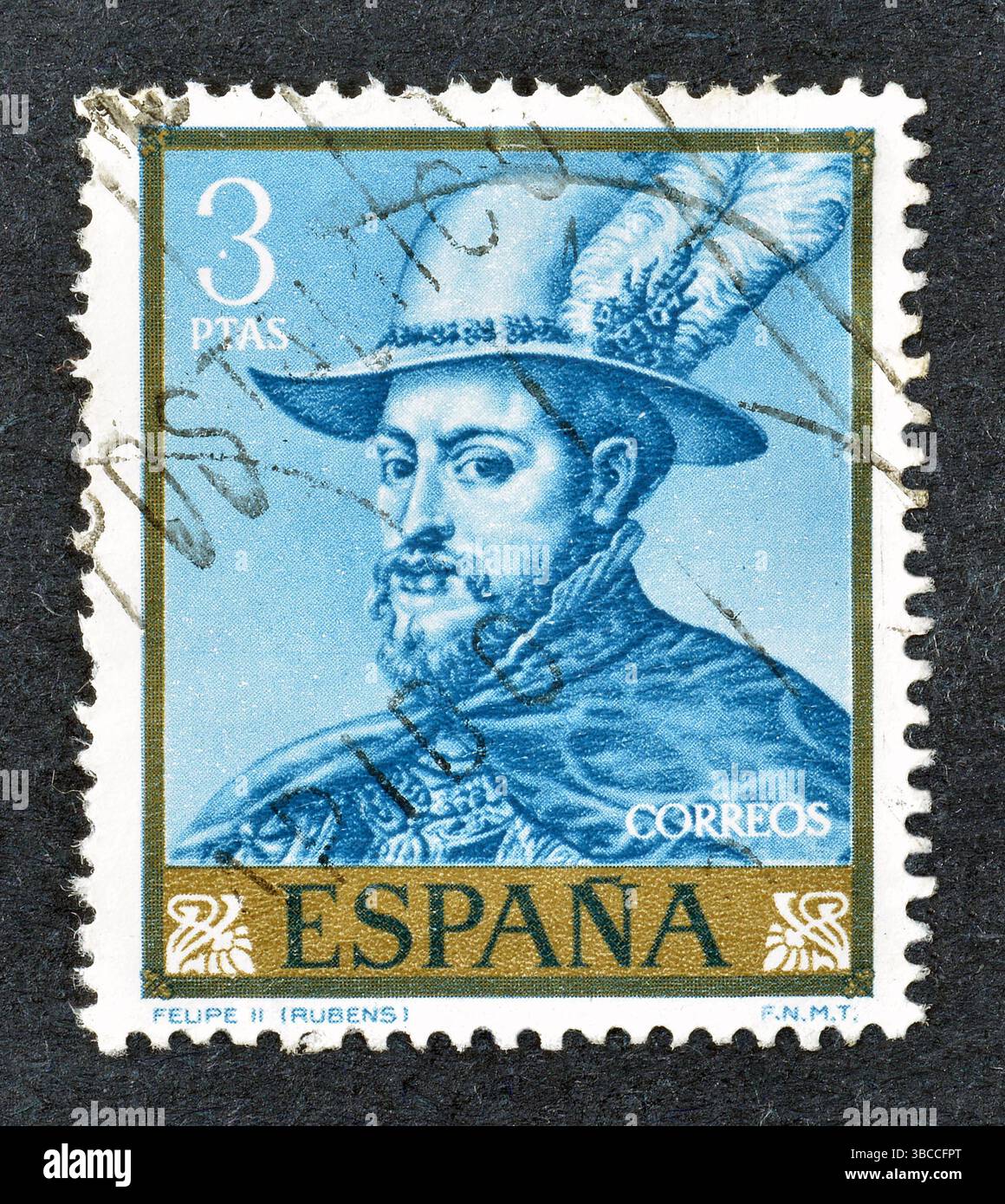 Gestempelte Briefmarke, gedruckt von Spanien, auf der das Gemälde „Phillip II“ von Peter Paul Rubens um 1962 zu sehen ist. Stockfoto