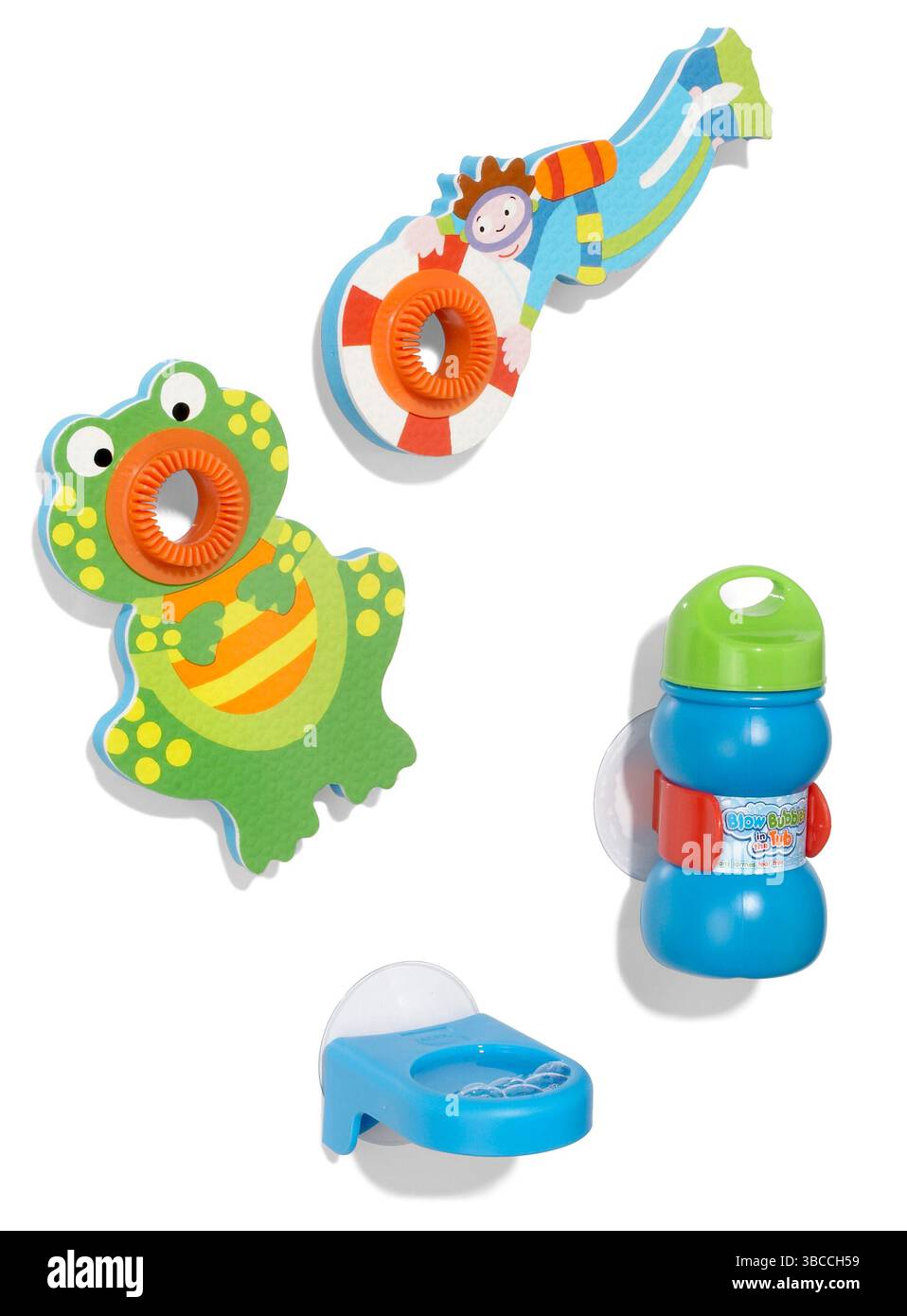 Badespielzeug für Kinder auf weißem Hintergrund Stockfoto
