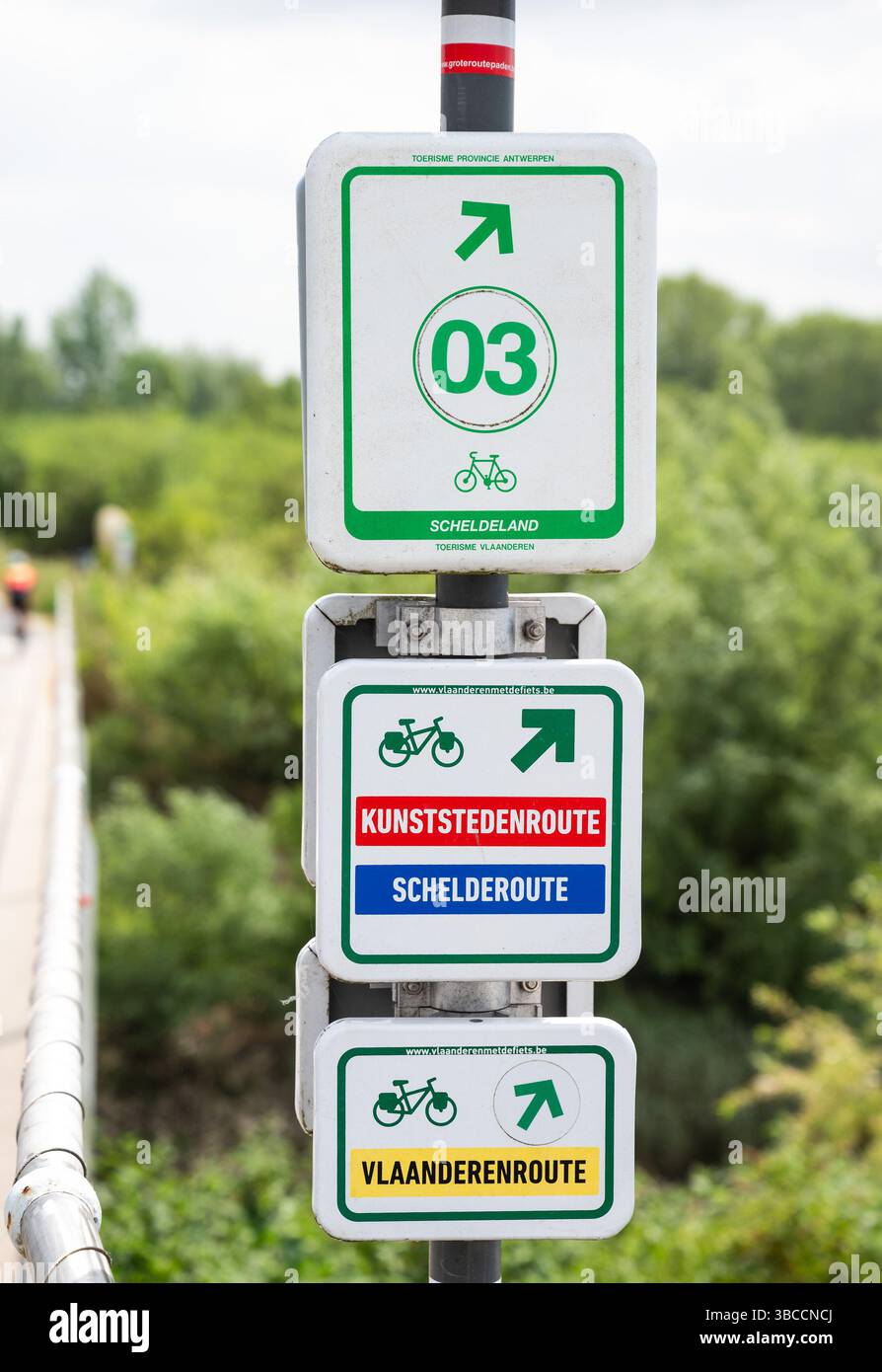 Schild für Radwege an der Schelde in Temse, Ostflandern, Belgien. 15. Mai 2025 Stockfoto