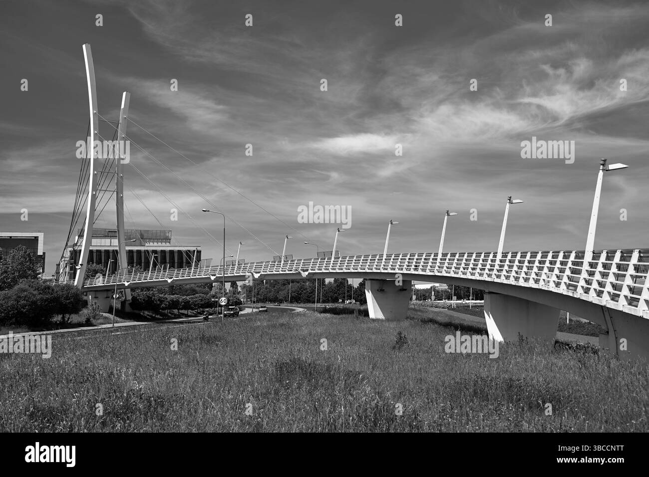 Kabelbrücke - eine Fußgängerbrücke für Fußgänger und Fahrräder in der Stadt Posen, Polen, monochrom Stockfoto
