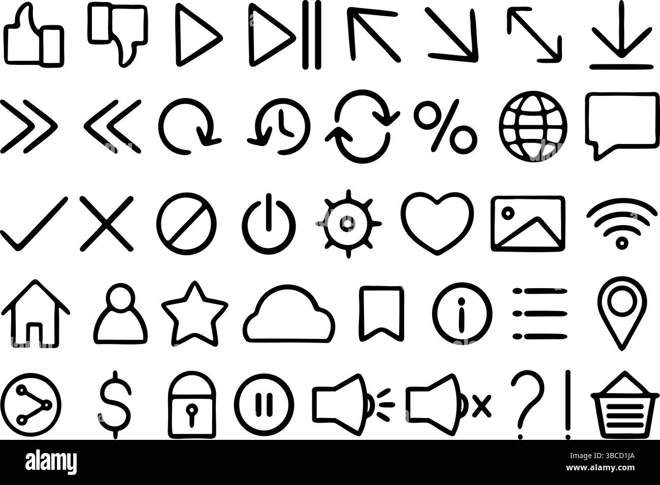 Eine Sammlung minimalistischer Zeilensymbole für Medien- und Kommunikationszwecke Stock Vektor