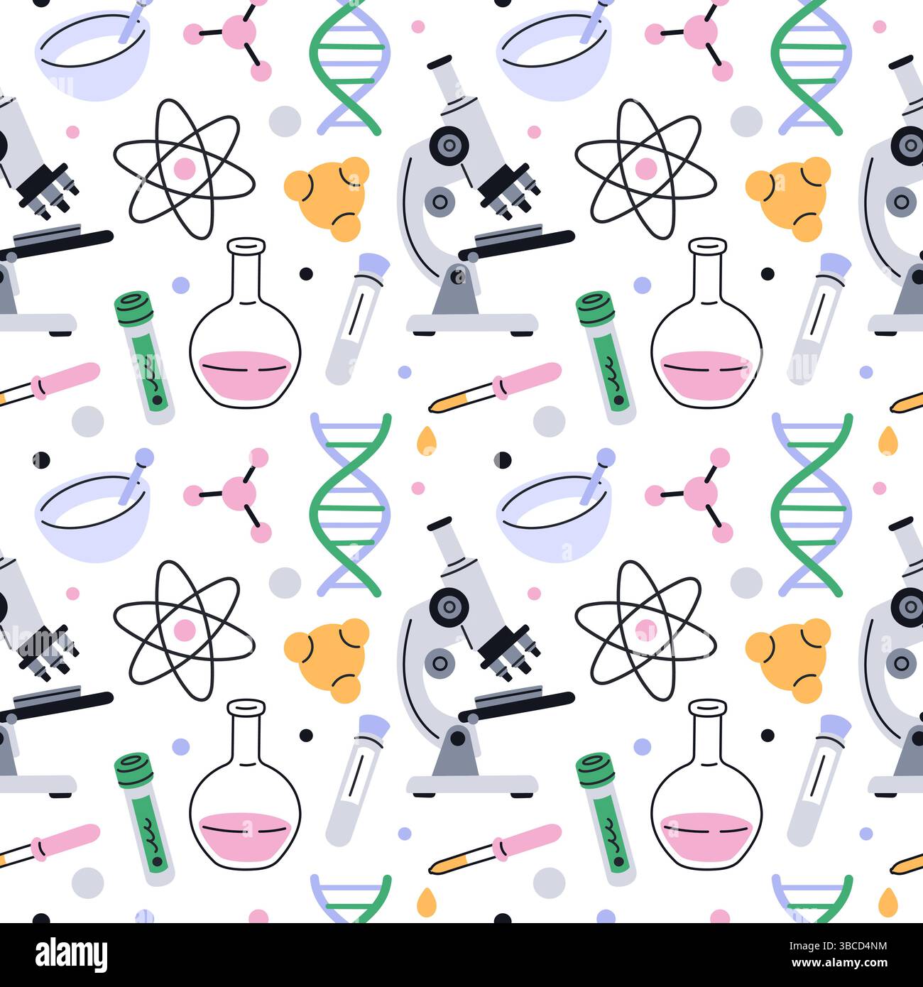 Nahtloses Muster für Chemie-Werkzeuge. Wissenschaftliche Laborgeräte, Wiederholungsröhrchen, Kolben und Mikroskope. Dekor aus Textil, Geschenkpapier, Tapete Stock Vektor