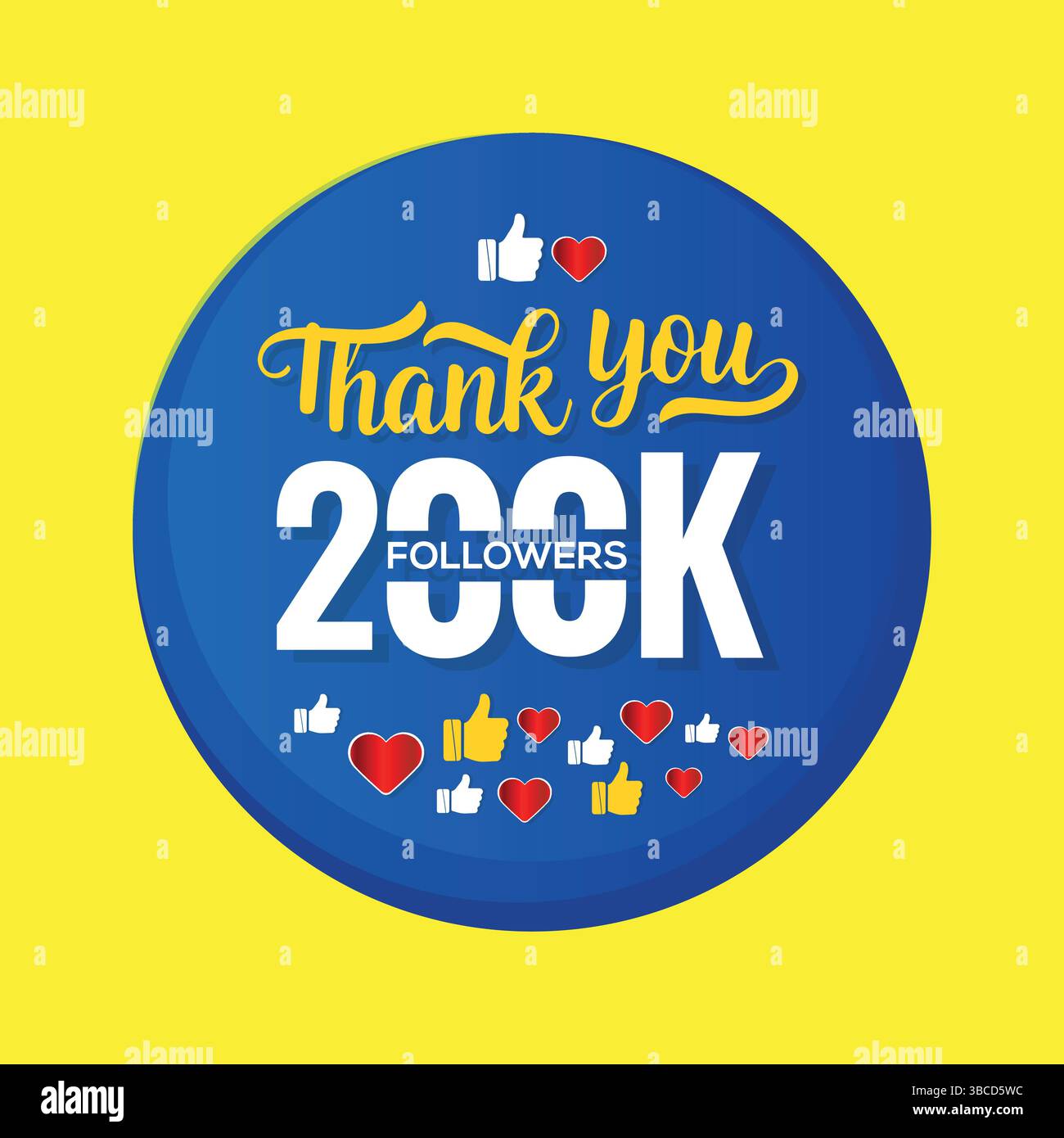 Vielen Dank 200000 Followern, Banner für die Glückwunschvorlage. Banner für 200k-Freunde und Follower, blau und gelb Stock Vektor