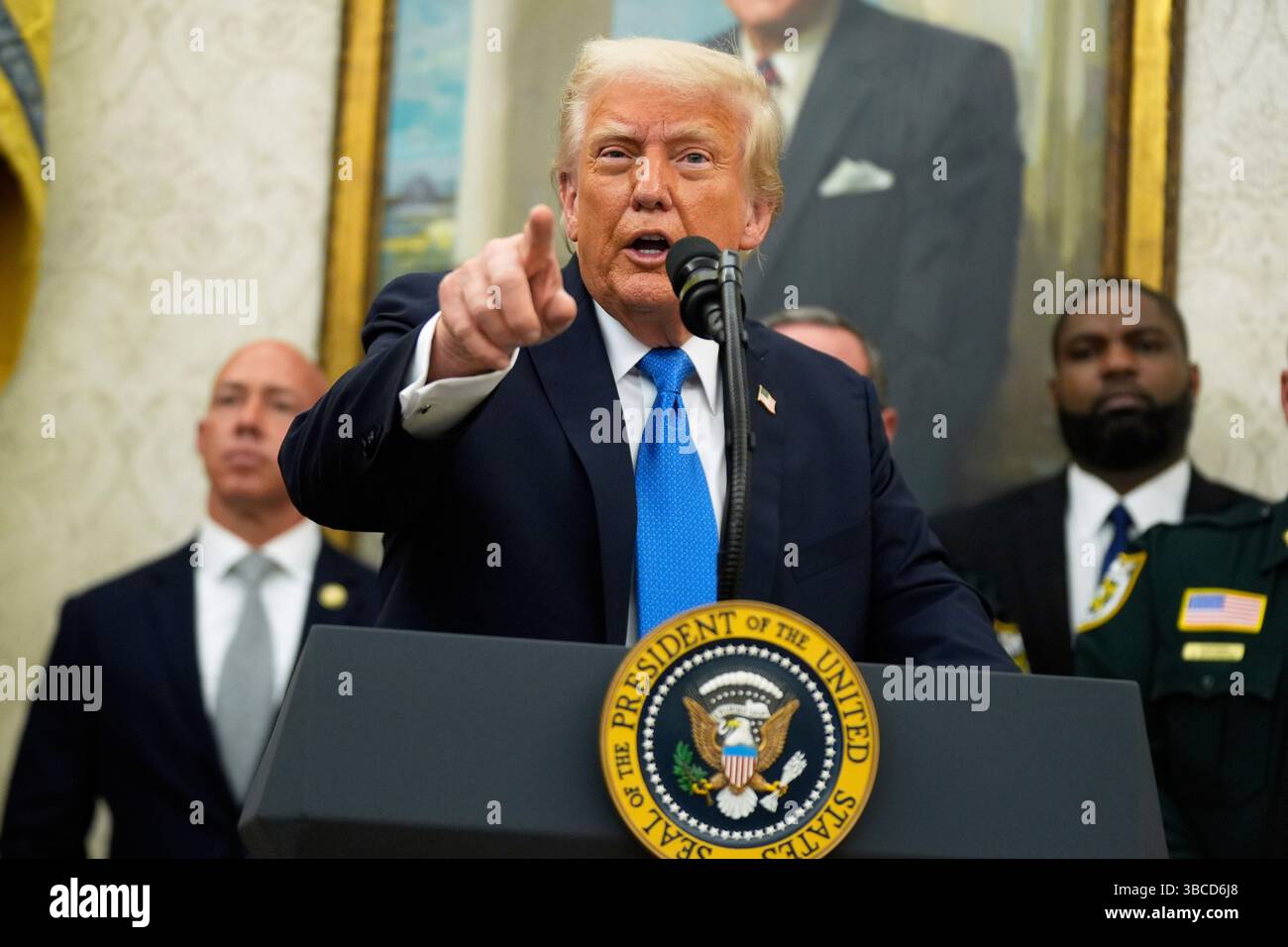 President Donald Trump speaks during an event to present law ...