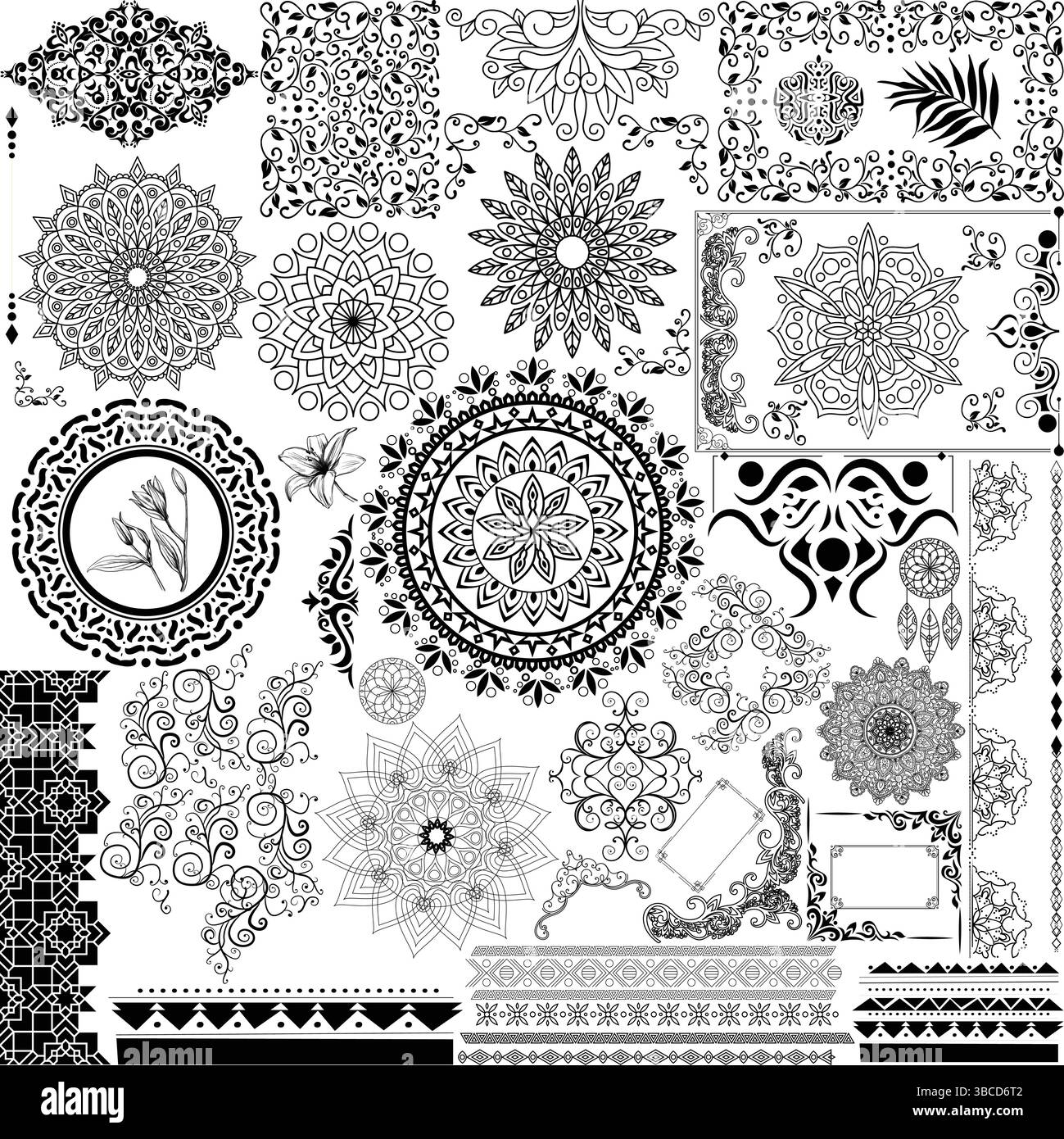 Kollektion mit Blumen- und Mandala-Designs und eleganten, reich verzierten Mustern. Diese hochauflösende digitale Kollektion zeigt atemberaubende Blumen- und Mandalas-Designs. Stock Vektor
