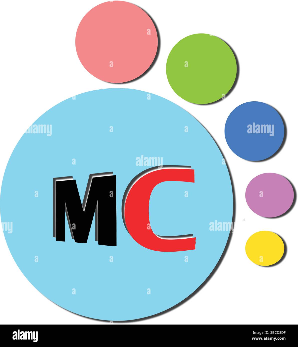 Farbenfrohe MC-Initialen, verspieltes kreisförmiges Arrangement Stock Vektor