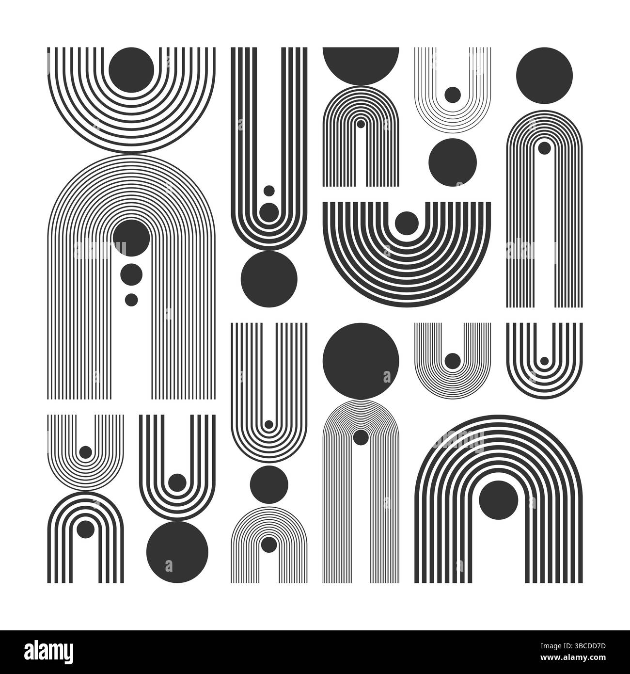 Bogen- und Kreiselemente, moderne geometrische Formen. Modernes Design, minimalistische Kunst aus der Mitte des Jahrhunderts. Trendige Designelemente für Wanddekoration und Poster Stock Vektor