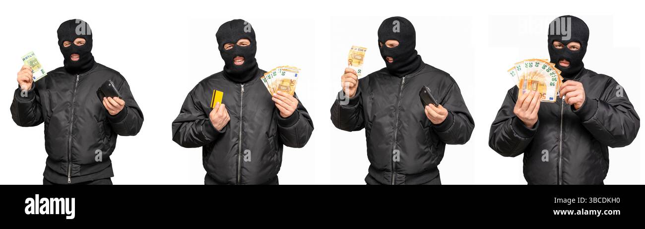 Dieb zeigt Euro-Geld und Kreditkarte auf weißem Hintergrund Stockfoto