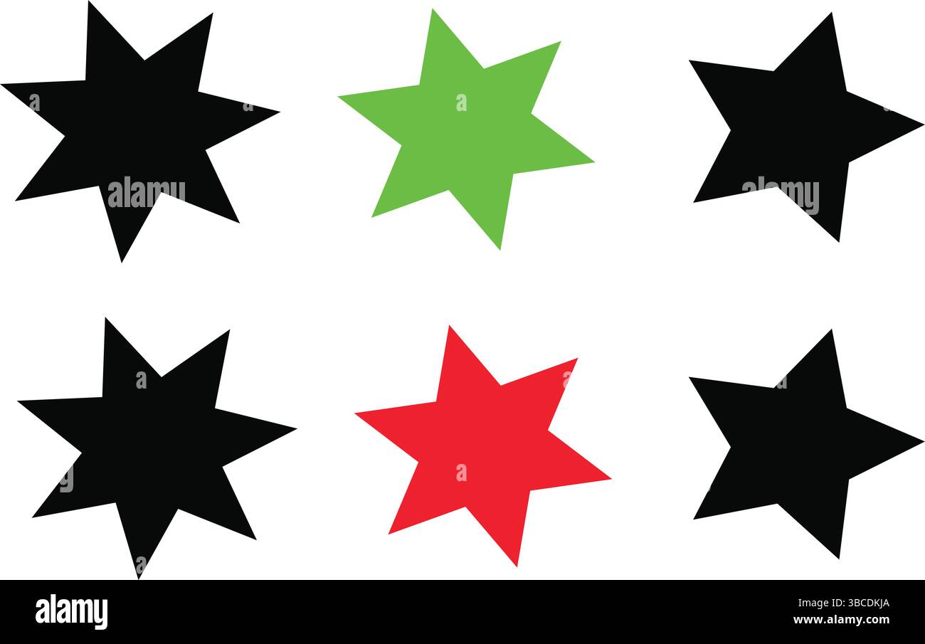 Auffällige Sternformen in Schwarz Rot und Grün Vektor-Icons für Dekoration und Feiertagsdesign Stock Vektor