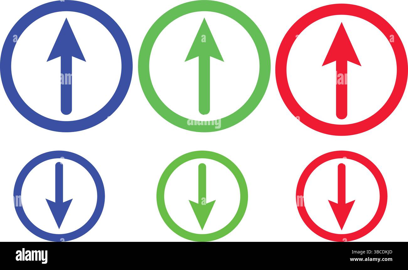 Kreisförmige Symbole für Pfeil nach oben und unten in Rot Blau Grün Farbvektorsatz für Benutzeroberflächendesign Stock Vektor