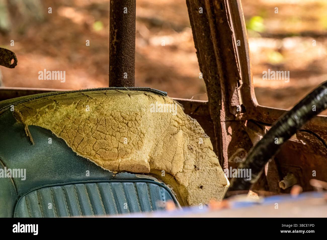 Innenraum eines verlassenen Autos mit einem gerissenen, sonnenbeschädigten Sitz und einem rostigen Rahmen, der Verfall, Textur und die Geschichte des alten Autos einfängt. Stockfoto
