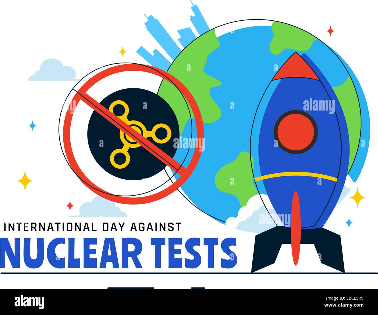 Internationaler Tag gegen Nukleartests Vektor-Illustration für die Feier am 29. August mit der Erde und einer Raketenbombe in einem flachen Hintergrund Stock Vektor