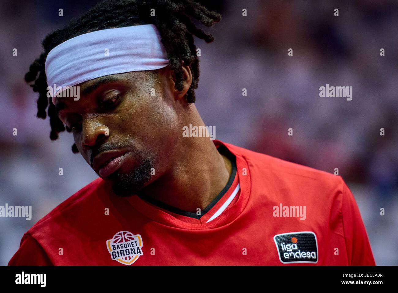 Girona, Spanien. Mai 2025. Ike Iroegbu von Basquet Girona wurde vor dem Spiel des Basketball ACB Liga Endesa Spieltags 30 zwischen Basquet Girona und La Laguna Teneriffa im Fontajau Pavillon gesehen. Basquet Girona 84 : 93 La Laguna Teneriffa (Foto: David Pastor Andres/SOPA Images/SIPA USA) Credit: SIPA USA/Alamy Live News Stockfoto