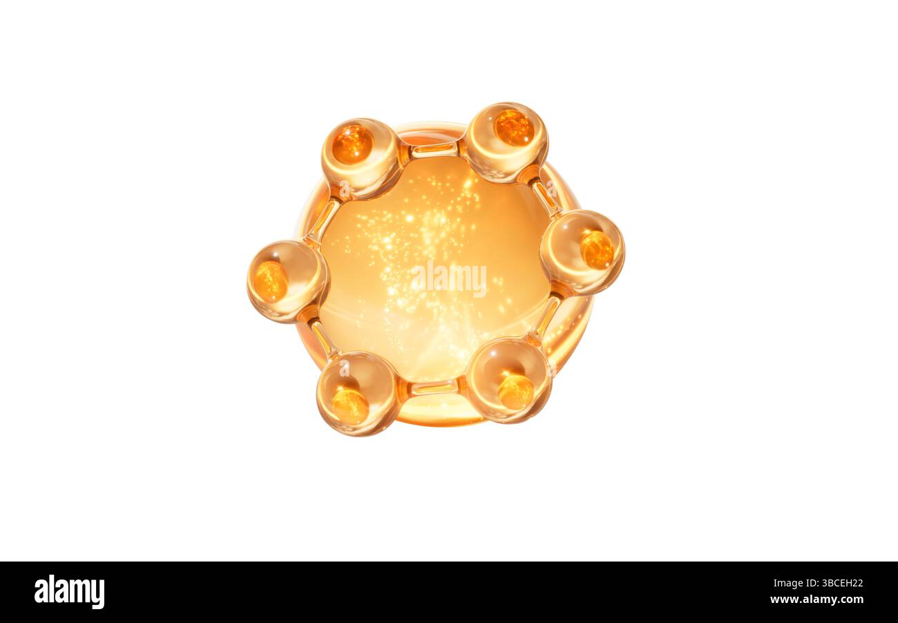 Biologisches goldenes Molekül und Blase, 3D-Rendering. 3D-Abbildung. Stockfoto