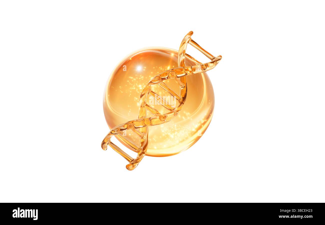DNA und goldene Flüssigblase, 3D-Rendering. 3D-Abbildung. Stockfoto