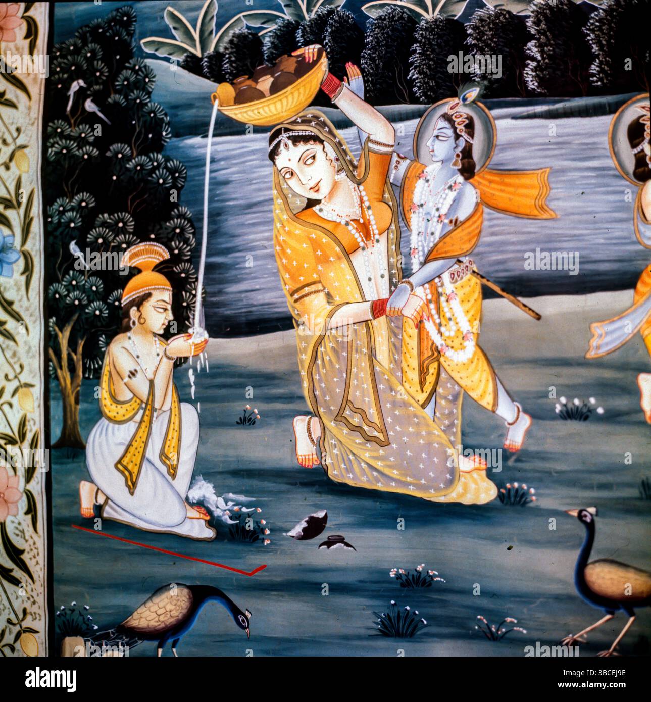 Wie der Name schon sagt, sind Miniaturgemälde farbenfrohe handgefertigte Gemälde, die sehr klein sind. Die Farben in den Gemälden stammen aus verschiedenen natürlichen Quellen wie Gemüse, Indigo, Edelsteine, Gold und Silber. Während Künstler auf der ganzen Welt ihr jeweiliges Thema durch ihre Gemälde vermitteln, besteht das häufigste Thema, das in den Miniaturgemälden Indiens verwendet wird, aus den Ragas oder einem Muster von musikalischen Noten sowie religiösen und mythologischen Geschichten. Diese werden auf Materialien wie Papier, Stoff, Elfenbein ausgeführt. Stockfoto