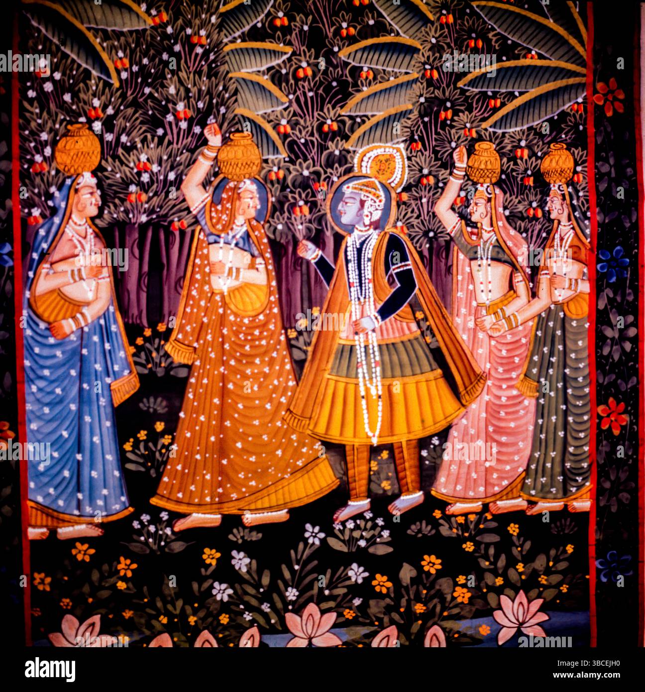 Wie der Name schon sagt, sind Miniaturgemälde farbenfrohe handgefertigte Gemälde, die sehr klein sind. Die Farben in den Gemälden stammen aus verschiedenen natürlichen Quellen wie Gemüse, Indigo, Edelsteine, Gold und Silber. Während Künstler auf der ganzen Welt ihr jeweiliges Thema durch ihre Gemälde vermitteln, besteht das häufigste Thema, das in den Miniaturgemälden Indiens verwendet wird, aus den Ragas oder einem Muster von musikalischen Noten sowie religiösen und mythologischen Geschichten. Diese werden auf Materialien wie Papier, Stoff, Elfenbein ausgeführt. Stockfoto