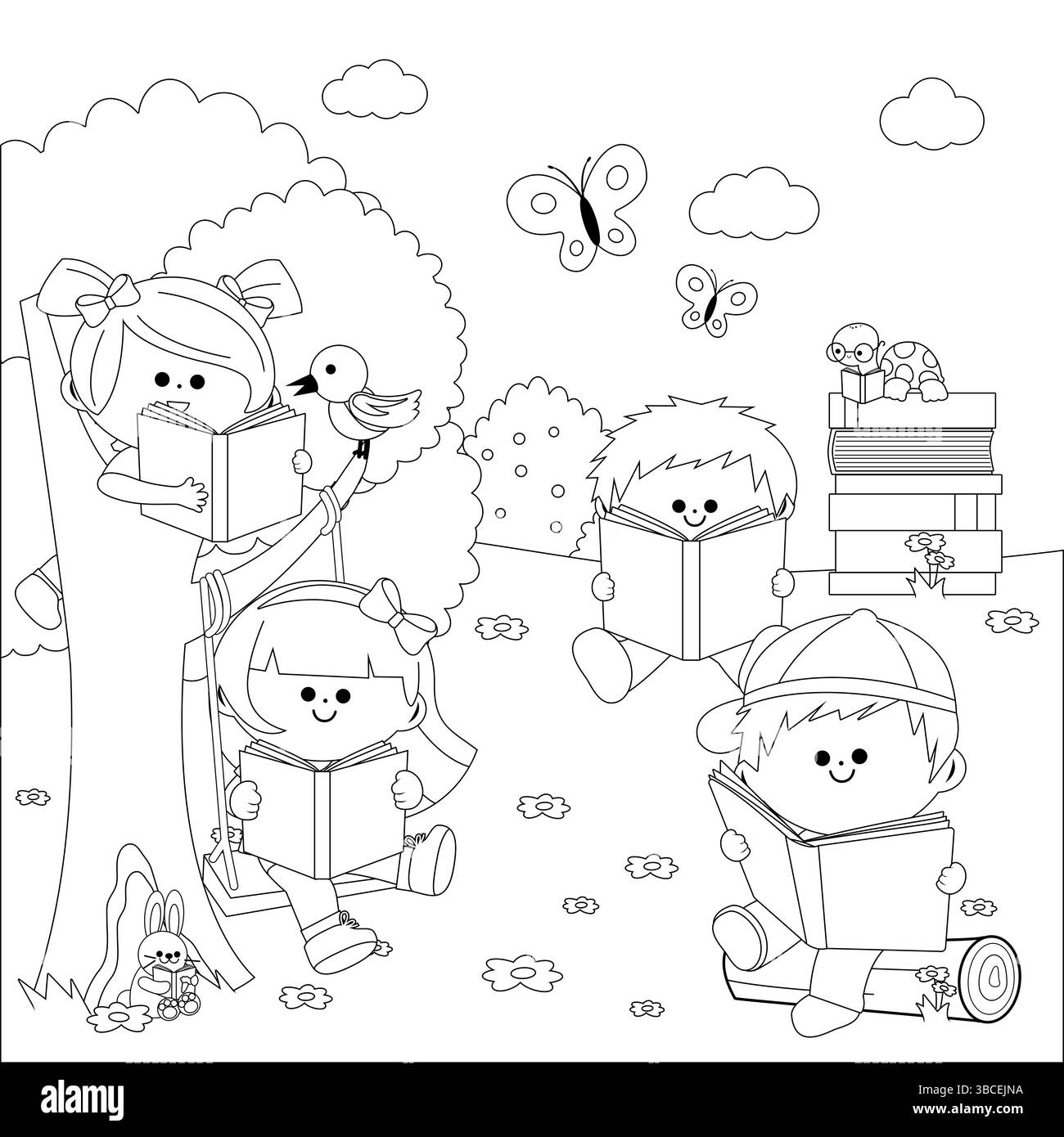 Glückliche Kinder, die Bücher in der Natur lesen. Kinder im Park genießen Unterricht und Lesen. Schwarzweiß-Ausmalseite. Stockfoto