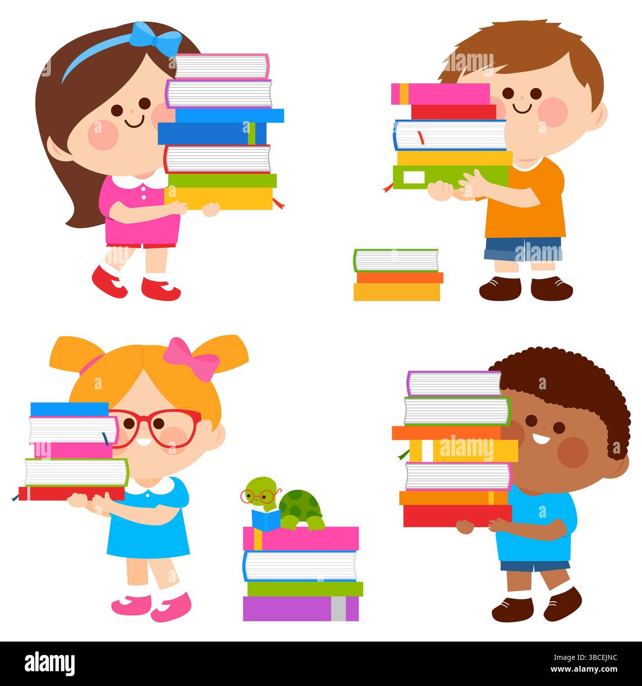 Kinder mit Büchern. Die Kinder in der Schulbibliothek lesen viele Bücher und machen Hausaufgaben. Glückliche, kluge Mädchen und Jungen lernen im Unterricht. Stockfoto