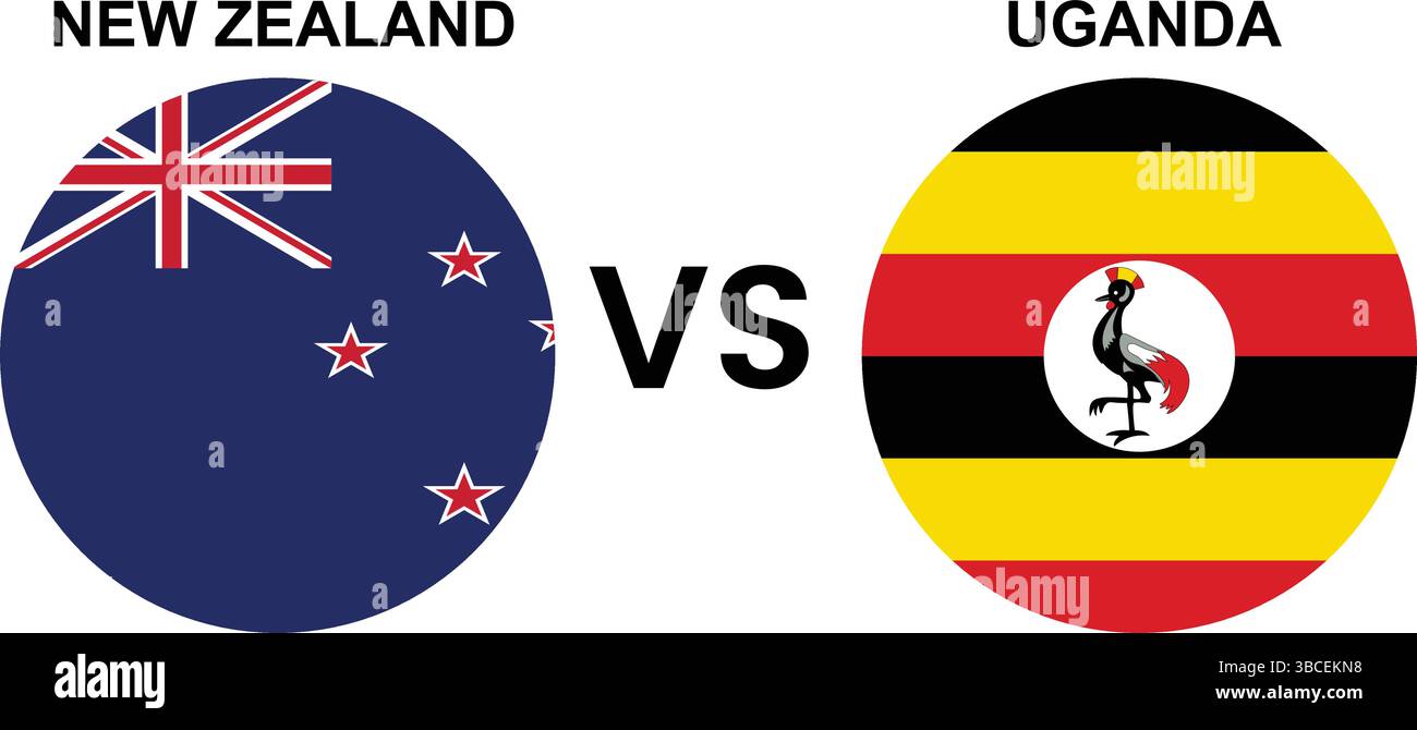Neuseeland vs. Uganda Cricket Match Vektor – editierbare Fahnen und nationale Symbole Illustration auf weißem Hintergrund Stock Vektor