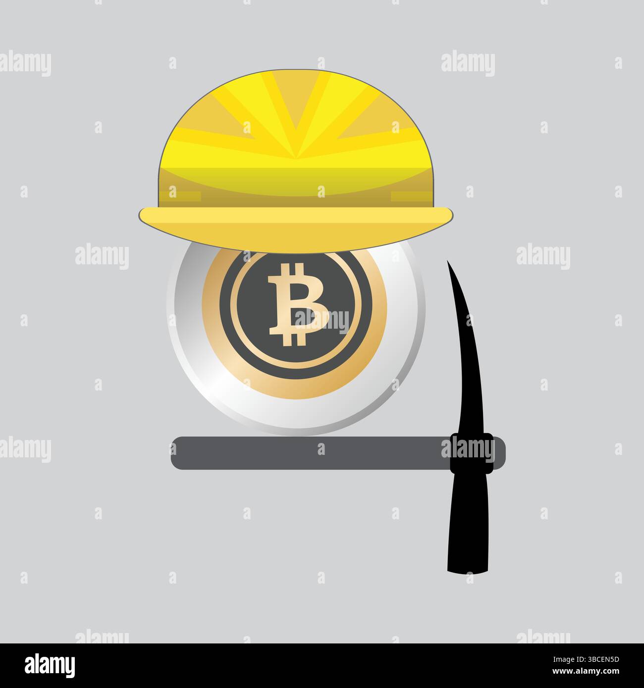 Bitcoin-Symbol mit Schutzhelm und Pick-Axt, Krypto-Mining-Konzept Stock Vektor