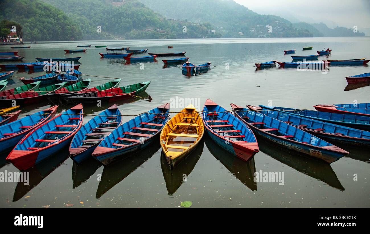Farbenfrohe Holzboote auf Phewa Lake, Pokhara, Nepal mit nebeligen Hügeln und Reflexen. Ein ruhiges Reise- und Naturziel im Himalaya. Stockfoto