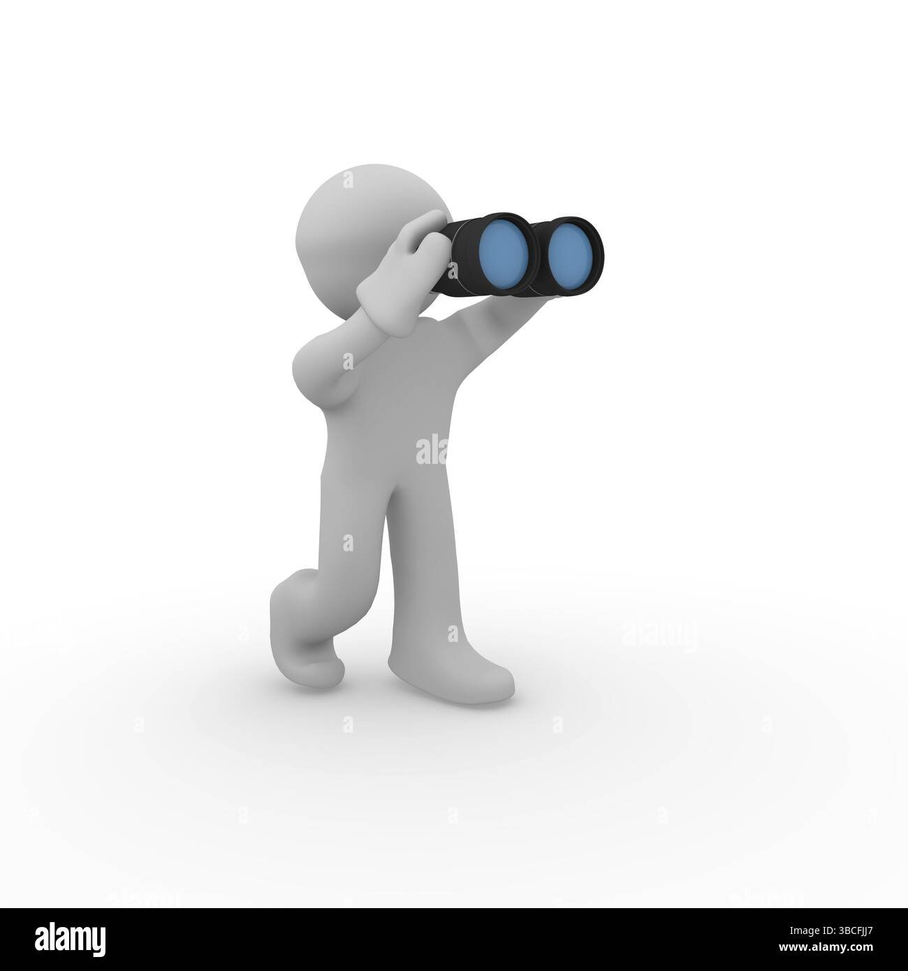 3D Mann mit dem Fernglas auf weißem Hintergrund Stockfoto