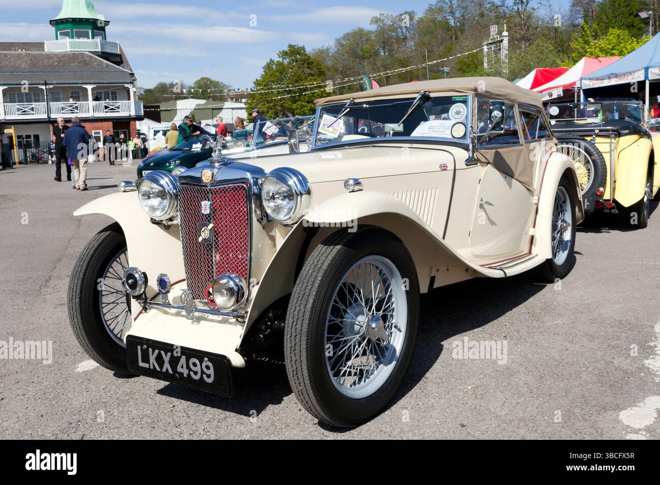 Dreiviertel-Vorderansicht eines Cream, 1949 MG TC, 2-Sitzer-Roadsters im Brooklands Museum während der Osterfestung Stockfoto
