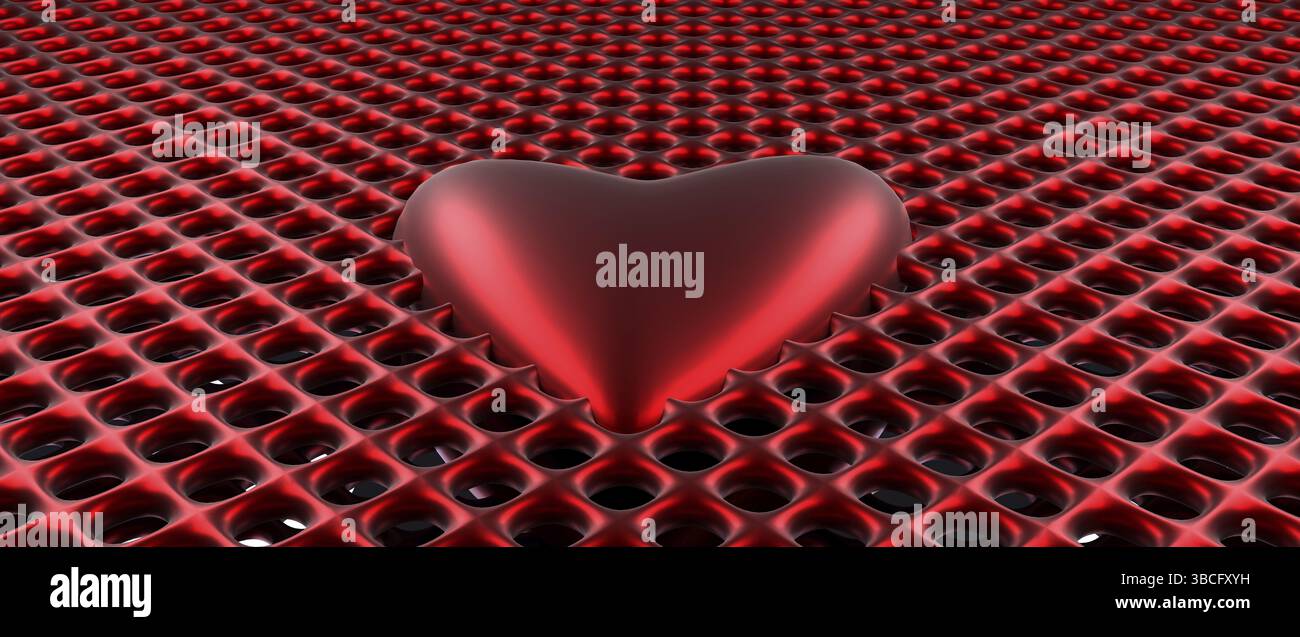 Große rote Herzform in einem Raster, 3D-Rendering Stockfoto