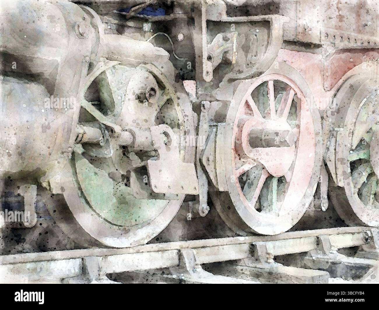 Aquarellbild der Räder einer Dampflokomotive auf Gleisen mit rostverblichener grüner und roter Farbe und fehlenden Teilen Stockfoto