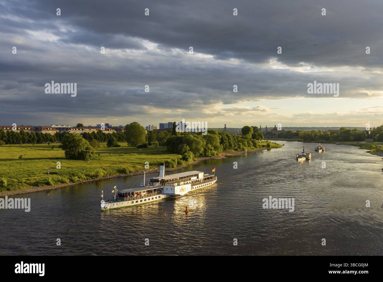 Beim Dixiland Festival schlurfen Flussboote mit den Dampfbooten der Sächsischen Dampfschiffgesellschaft auf der Elbe. Raddampfer Leipzig, Dresden, Sachsen, GE Stockfoto