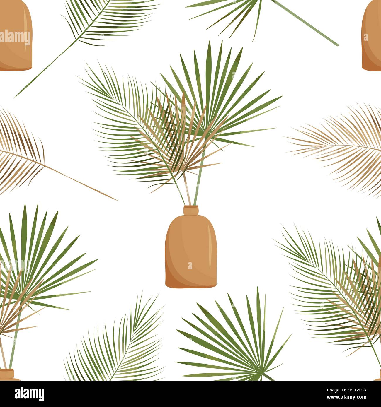 Tropical Palm Leaves Seamless Pattern, exotische Blätter Blumenstrauß wiederkehrendes Papier Stockfoto