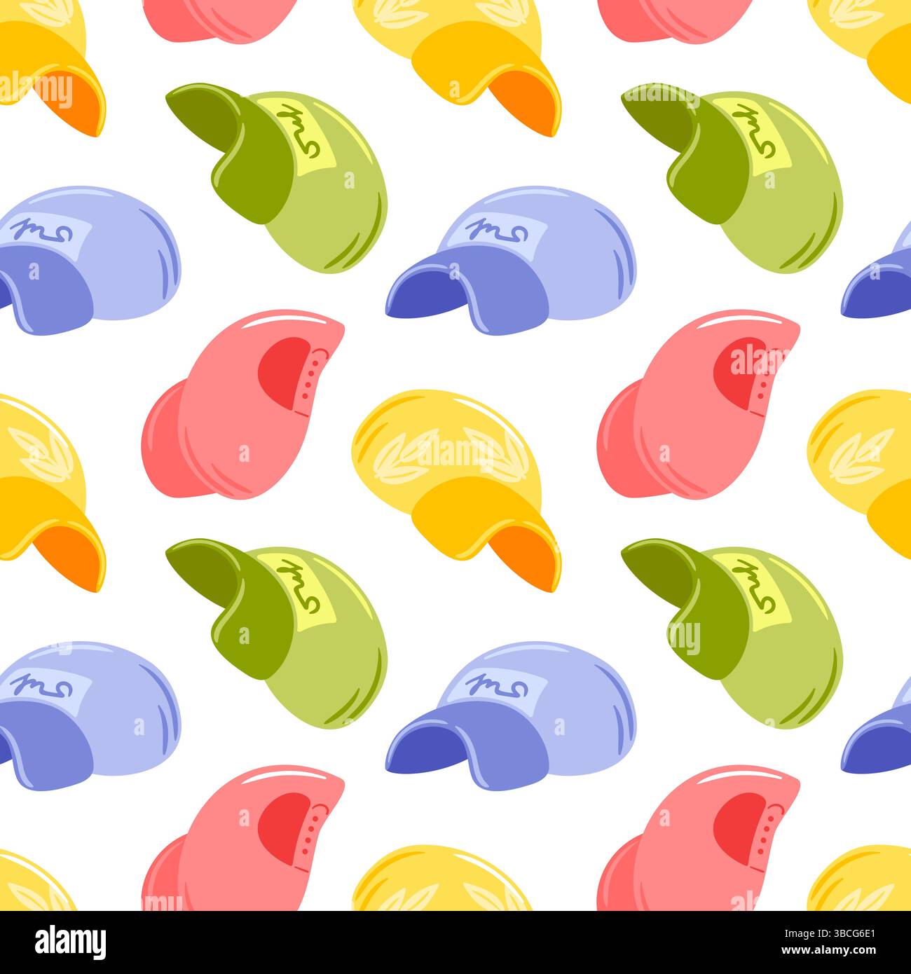 Diese Vektor-Illustration zeigt ein verspieltes Muster mit verschiedenen stilvollen Kappen. Die vielfältigen Designs und Farben sorgen für eine lebendige und trendige Ästhetik Stock Vektor