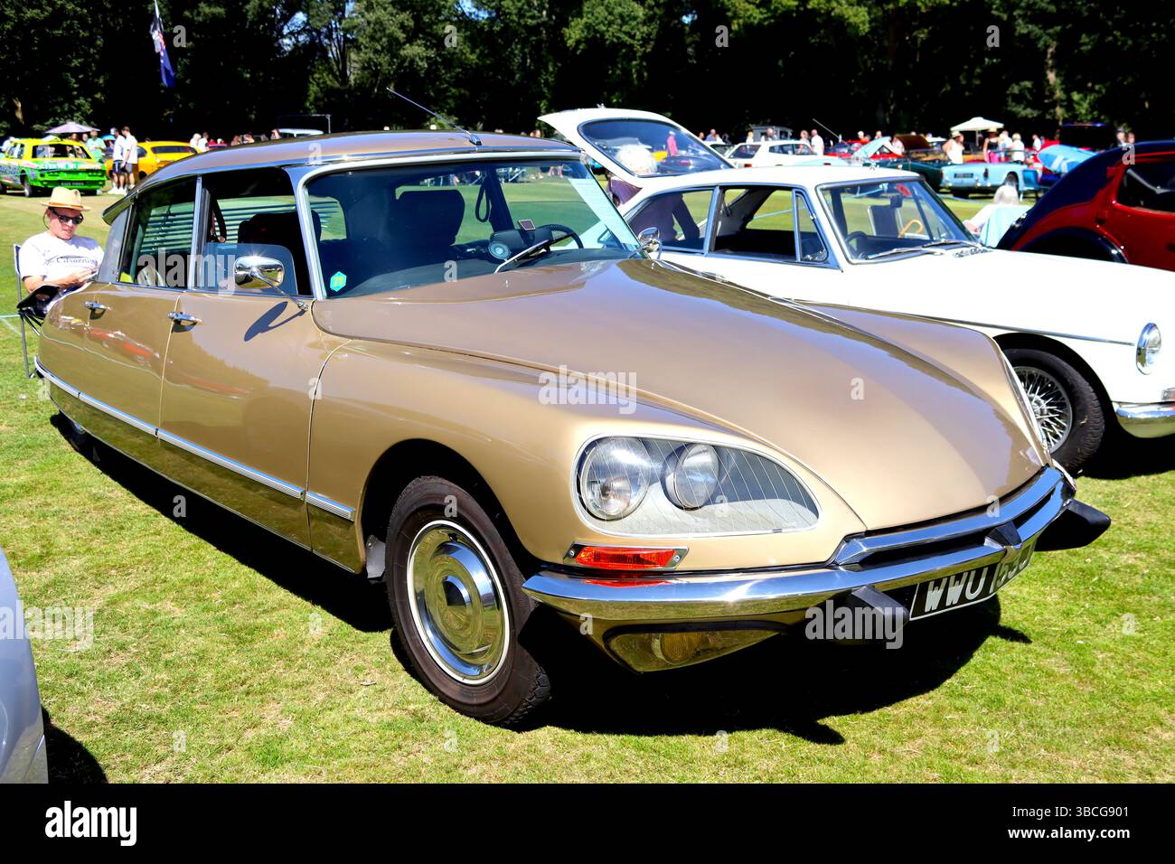 Die unverwechselbare Form des schlanken, aerodynamischen Citroen DS21 Pallas EFI – ein technisches Meisterwerk in Automobildesign und -Technologie. Stockfoto