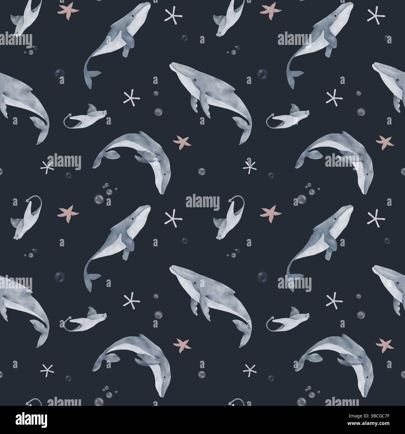 Ein Buckelwal und ein Stachelrochen schwimmen in der Unterwasserwelt des Ozeans. Aquarellabbildung. Nahtloses Muster. Seesterne und Algen von der Stockfoto