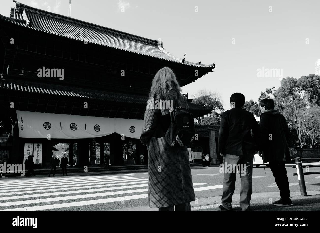 Eine fremde Frau steht am gewaltigen Zōjō-JI-Tempeltor still Stockfoto