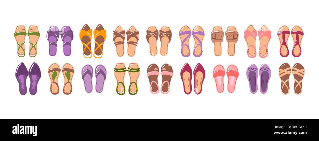 Diese Vektor-Illustration zeigt eine vielfältige Kollektion von Sandalen mit einer Vielzahl von Farben und Designs, perfekt für Sommermode. Das verspielte Stock Vektor