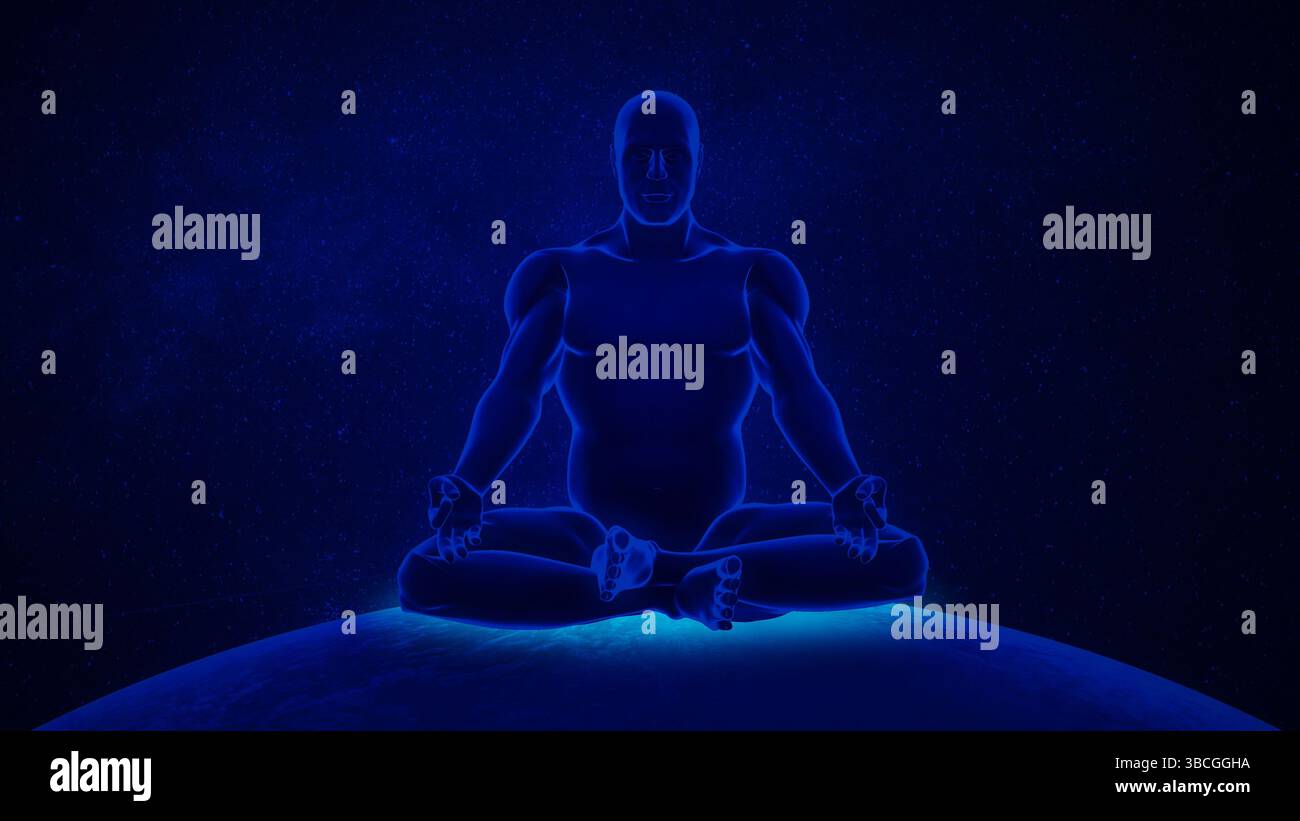 Chakra Meditation Silhouette mit glühenden Energiezentren Stockfoto