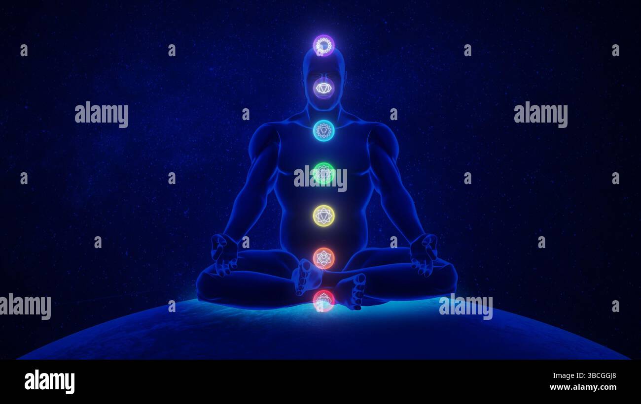 Chakra Meditation Silhouette mit glühenden Energiezentren Stockfoto