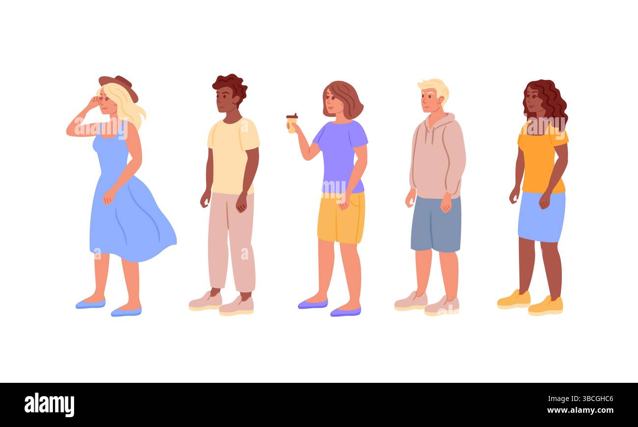 Vektor-Illustration von fünf verschiedenen Personen, die in einer Reihe stehen, jede mit einzigartiger Kleidung und Frisuren, die eine Vielzahl von Hauttönen und -Stilen zeigen. Stock Vektor