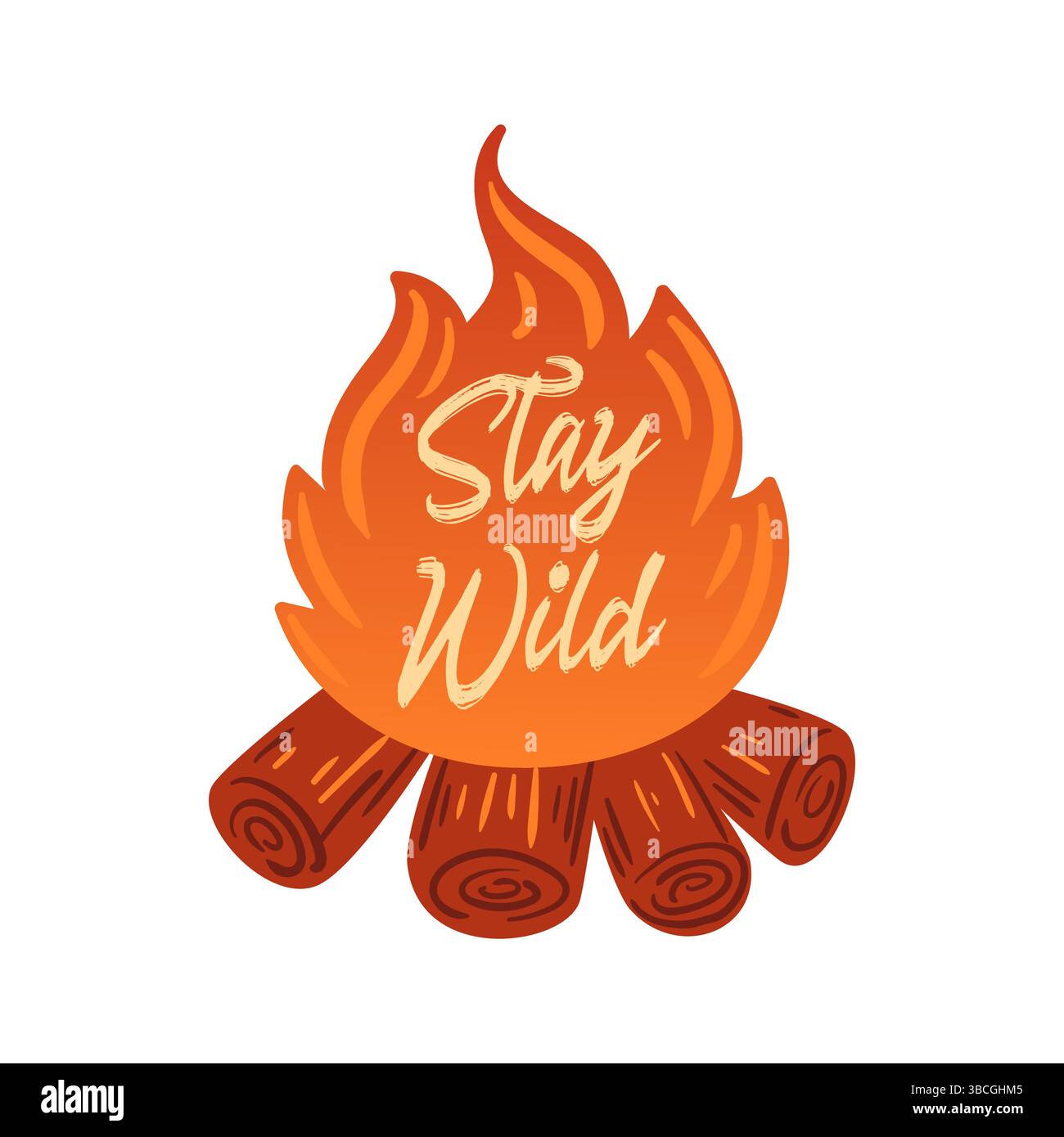Die Illustration zeigt ein dynamisches Lagerfeuer mit leuchtenden Flammen, die kreativ den Schriftzug Stay Wild Formen. Er fängt das Wesen des Outdoor-Abenteuers ein Stock Vektor